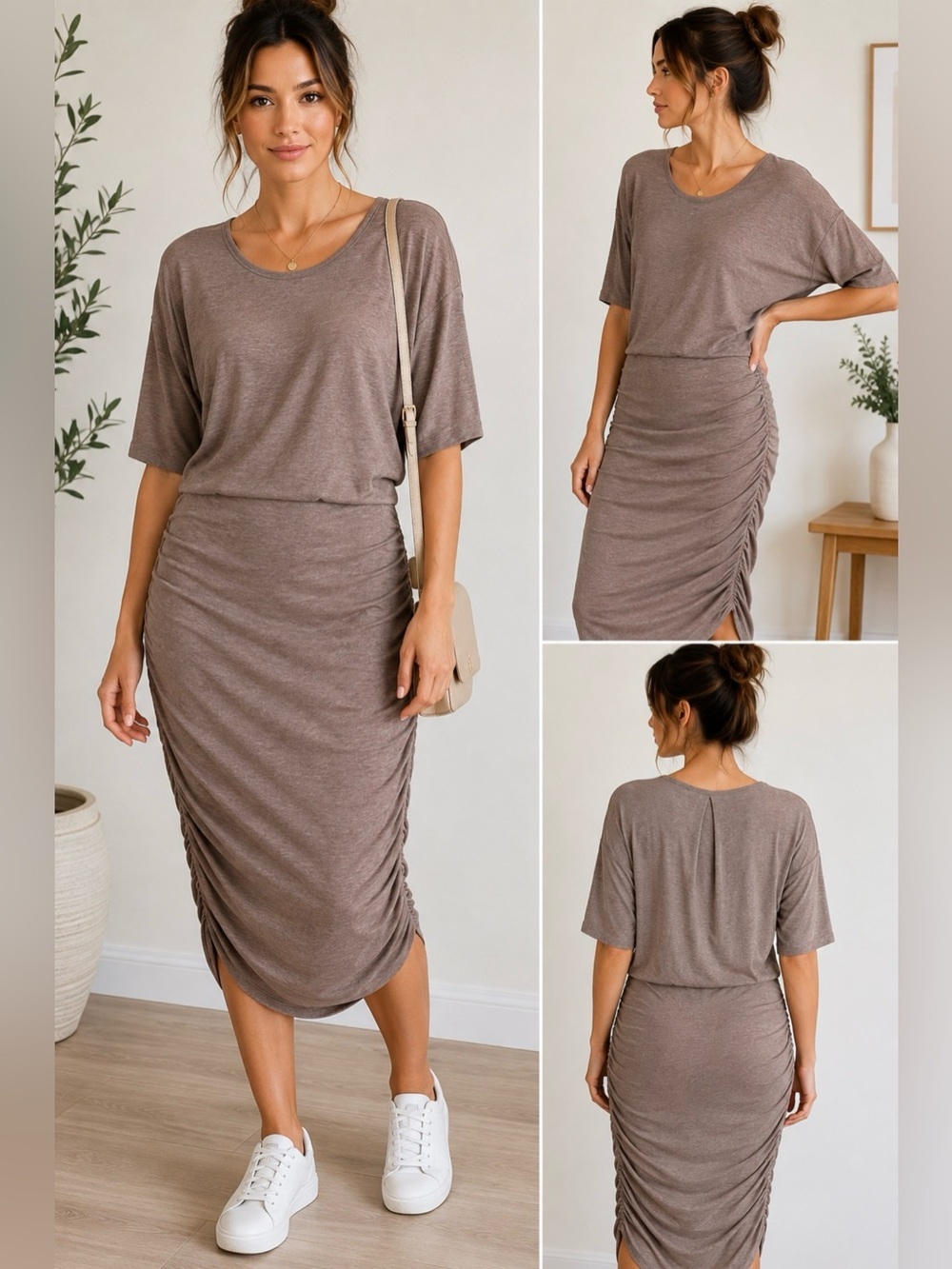 Athleta Women’s Medium Taupe Ruched Midi Dress Wool Blend Stretch